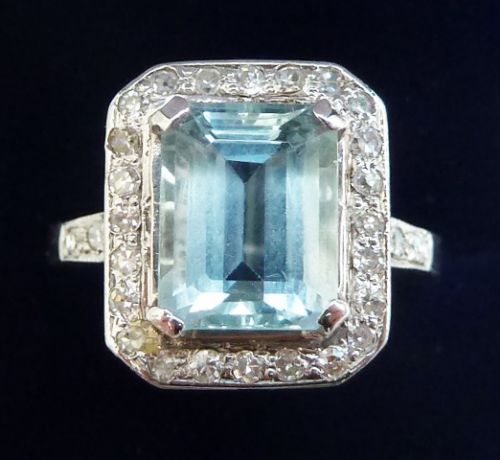 Big Beautiful Art Deco 18ct White Gold 1.75ct Aquamarine and Diamond Vintage Antique Ring