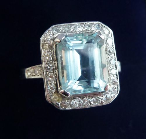 fig 2. Big beautiful art deco 18ct white gold 1.75ct aquamarine and diamond vintage antique ring