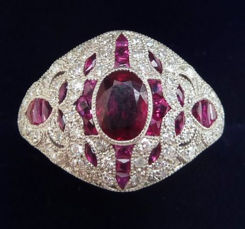 Beautiful Art Deco Platinum 1ct Ruby and Diamond Cluster Vintage Antique Ring