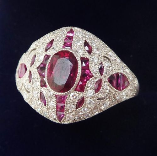 fig 1. Beautiful art deco platinum 1ct ruby and diamond cluster vintage antique ring