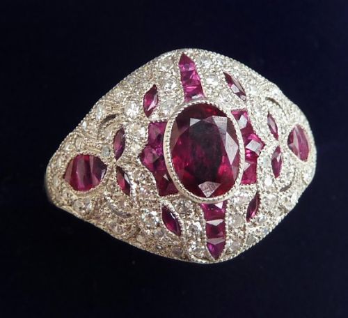 fig 2. Beautiful art deco platinum 1ct ruby and diamond cluster vintage antique ring