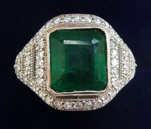 Stunning Platinum Art Deco 4ct Emerald and Diamond Cluster Vintage Antique Ring