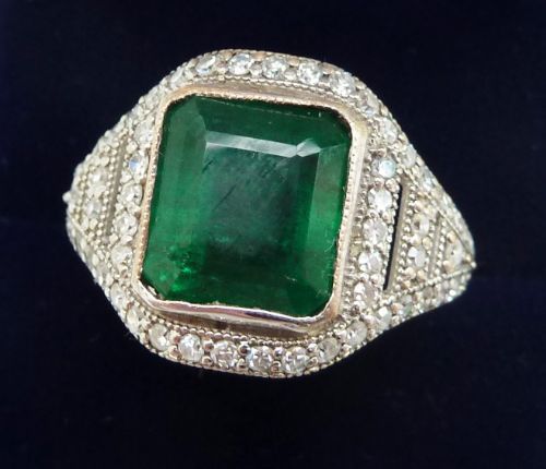 fig 1. Stunning platinum art deco 4ct emerald and diamond cluster vintage antique ring