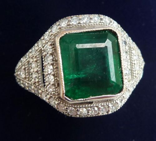 fig 2. Stunning platinum art deco 4ct emerald and diamond cluster vintage antique ring