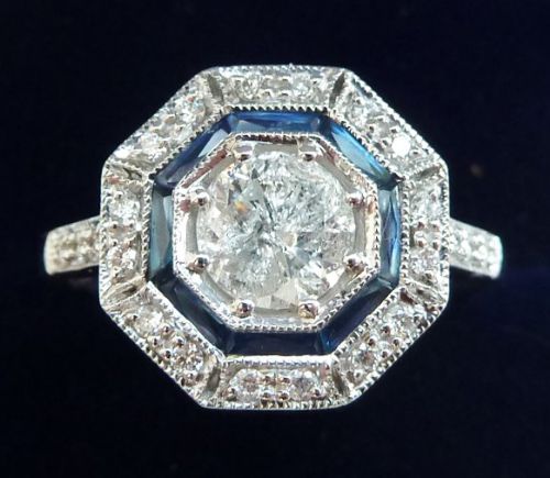 Gorgeous Art Deco 18ct White Gold Sapphire and 0.97ct Diamond Target Vintage Antique Ring