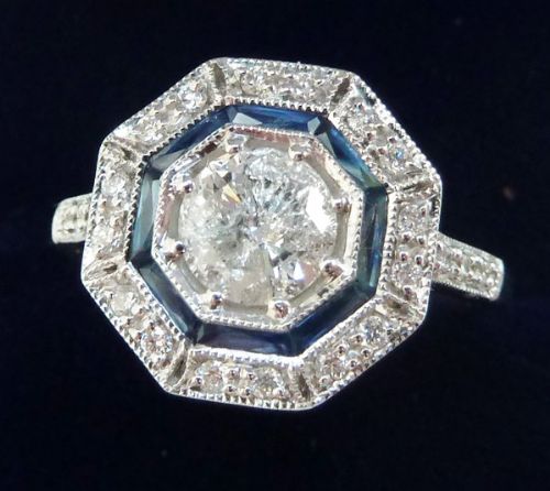 fig 1. Gorgeous art deco 18ct white gold sapphire and 0.97ct diamond target vintage antique ring