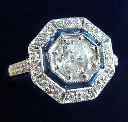 fig 2. Gorgeous art deco 18ct white gold sapphire and 0.97ct diamond target vintage antique ring