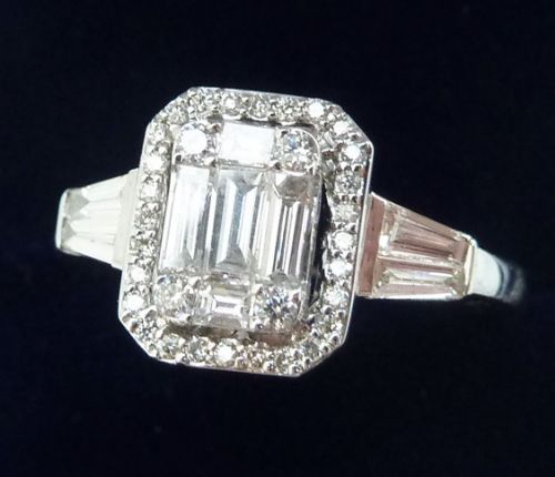 fig 1. Gorgeous art deco 18ct 18k white gold 1.2ct baguette diamond cluster engagement vintage antique ring