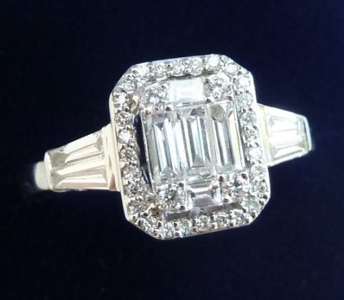 fig 2. Gorgeous art deco 18ct 18k white gold 1.2ct baguette diamond cluster engagement vintage antique ring