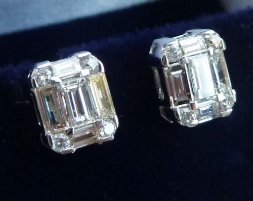fig 1. Gorgeous art deco 18ct 18k white gold 1ct baguette and old cut diamond stud vintage antique earrings