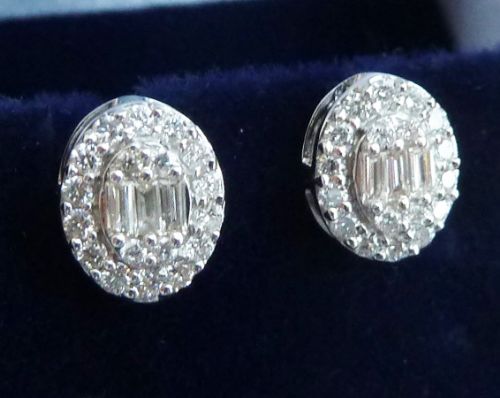 Beautiful Art Deco 18ct 18k White Gold Baguette and Old Cut Diamond Stud Vintage Antique Earrings