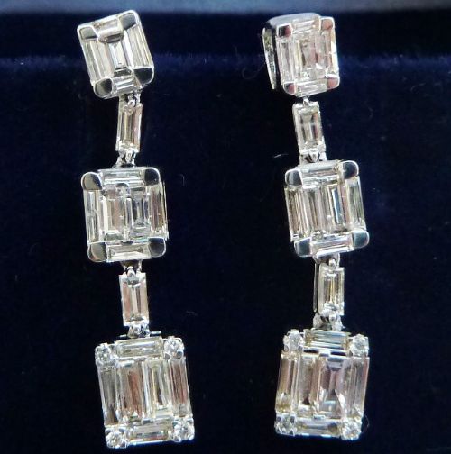 Gorgeous Art Deco 18ct 18k White Gold 1.30ct Baguette Diamond Drop Vintage Antique Earrings