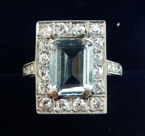 Gorgeous Platinum Art Deco 3ct Aquamarine and Diamond Vintage Antique Ring