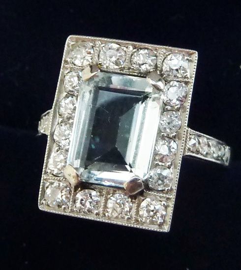 fig 1. Gorgeous platinum art deco 3ct aquamarine and diamond vintage antique ring
