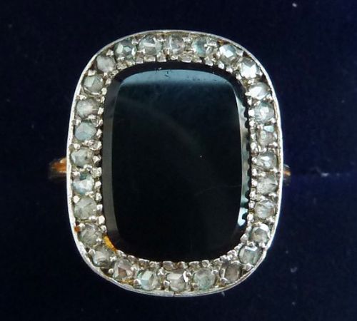 Beautiful Early Victorian 18ct 18k Gold and Silver Onyx and Rose Diamonds Cluster Ring