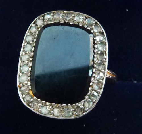 fig 1. Beautiful early victorian 18ct 18k gold and silver onyx and rose diamonds cluster ring