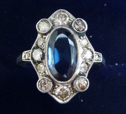 Beautiful Art Deco 18ct White Gold 2ct Sapphire and Diamond Cluster Vintage Antique Ring
