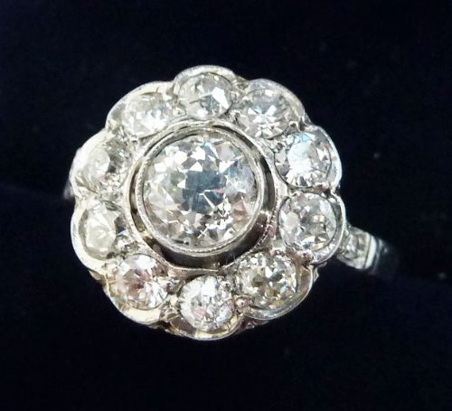 fig 1. Gorgeous art deco platinum 1.70ct diamond daisy cluster vintage antique ring