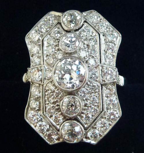 Stunning Art Deco Platinum 2ct Diamond Elongated Cluster Vintage Antique Ring
