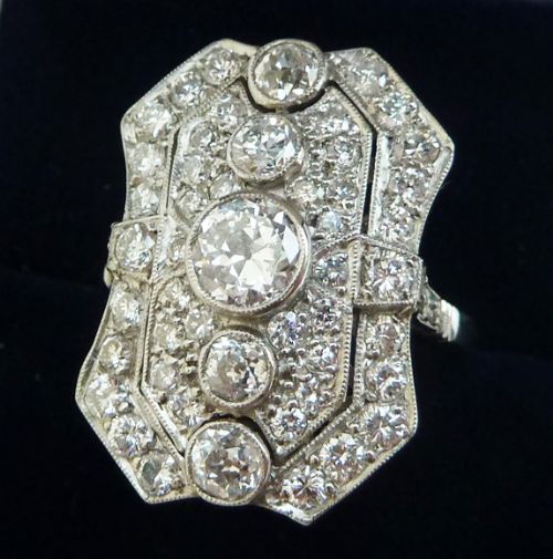 fig 1. Stunning art deco platinum 2ct diamond elongated cluster vintage antique ring