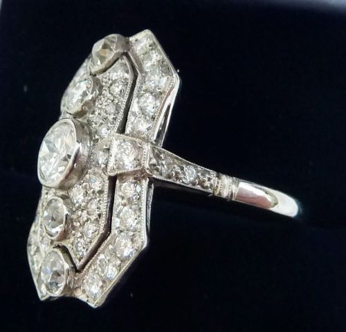 fig 2. Stunning art deco platinum 2ct diamond elongated cluster vintage antique ring