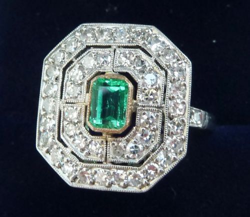 fig 1. Gorgeous art deco platinum colombian emerald and 0.90ct diamond cluster vintage antique ring
