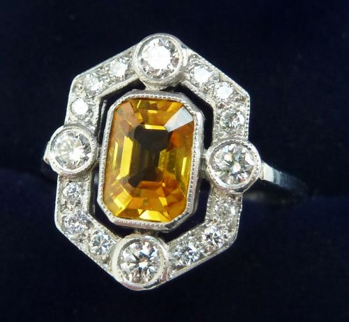 fig 1. Stunning platinum art deco emerald cut 1.25ct Yellow Sapphire and Diamond vintage antique ring