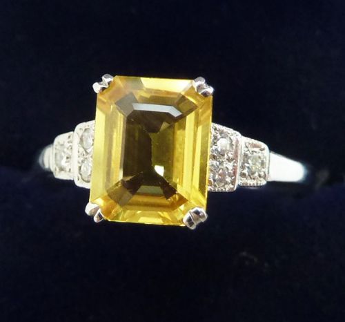 fig 1. Gorgeous art deco platinum 2ct emerald cut yellow sapphire and diamond vintage antique ring