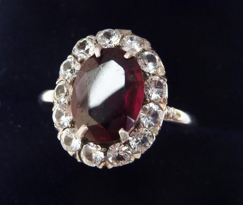 fig 2. Beautiful art deco 18ct 18k white gold garnet and white sapphire cluster vintage antique ring
