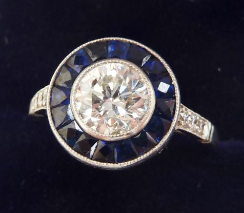 fig 1. Stunning art deco platinum 1ct diamond and sapphire vintage antique target ring