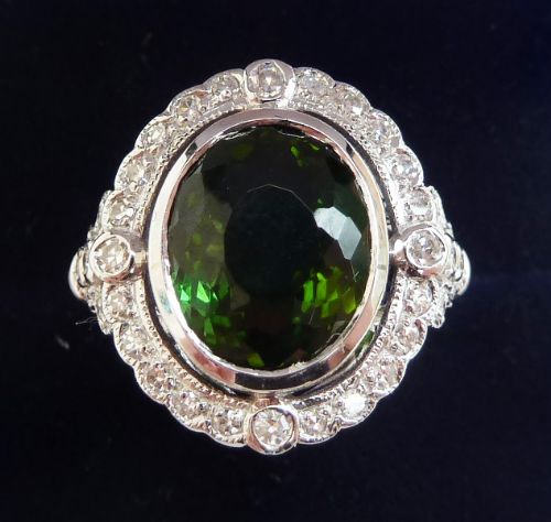 Gorgeous Art Deco 18ct 18k White Gold 3.5ct Tourmaline and Diamond Cluster Vintage Antique Ring