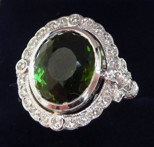 fig 1. Gorgeous art deco 18ct 18k white gold 3.5ct tourmaline and diamond cluster vintage antique ring