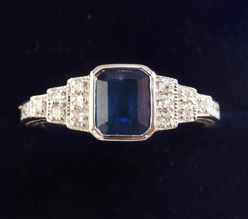 Beautiful Art Deco 18ct 18k White Gold 1ct Emerald Cut Sapphire and Diamond Vintage Antique Ring