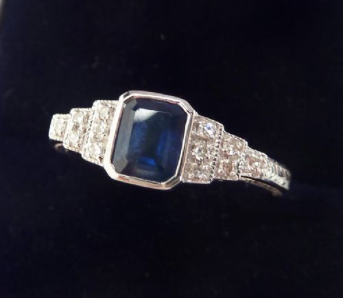 fig 1. Beautiful art deco 18ct 18k white gold 1ct emerald cut sapphire and diamond vintage antique ring
