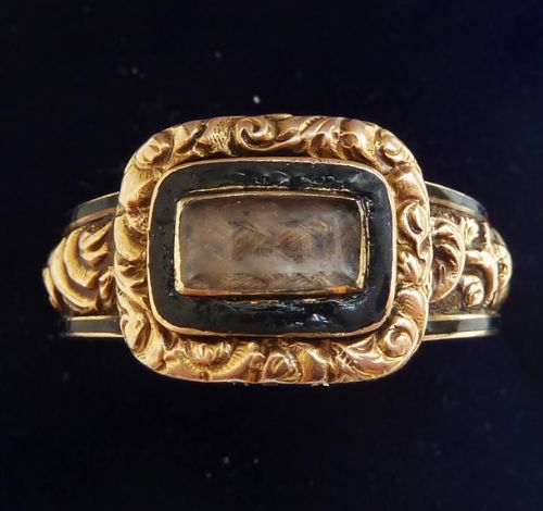 BEAUTIFUL 18CT GOLD GEORGIAN BLACK ENAMEL HAIR MEMORIAL VINTAGE ANTIQUE RING C1804 SIZE S