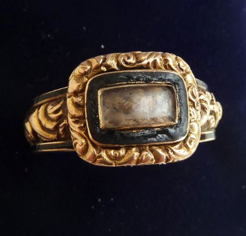 fig 1. Beautiful 18ct gold georgian black enamel hair memorial vintage antique ring c.1804 Size S