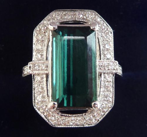 Stunning 18ct White Gold Art Deco 5ct Emerald Cut Tourmaline and Diamond Vintage Antique Ring