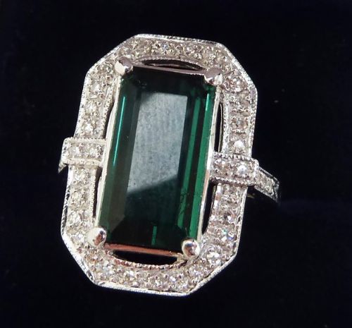fig 1. Stunning 18ct white gold art deco 5ct emerald cut Tourmaline and Diamond vintage antique ring