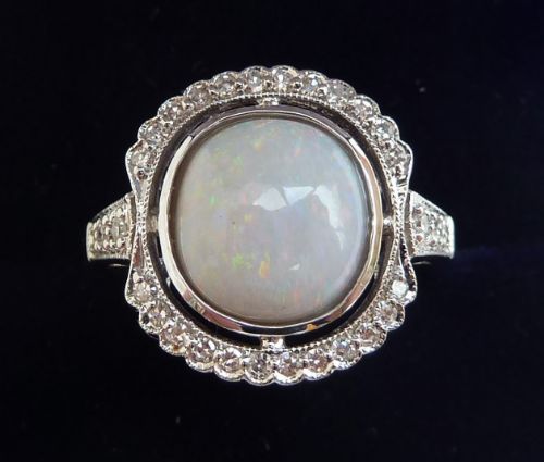Gorgeous Art Deco 18ct 18k White Gold Opal and Diamond Cluster Vintage Antique Ring