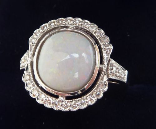 fig 1. Gorgeous art deco 18ct 18k white gold opal and diamond cluster vintage antique ring
