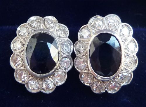 Beautiful Art Deco 18ct 18k White Gold Sapphire and Diamond Stud Cluster Vintage Antique Earrings