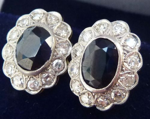 fig 1. Beautiful art deco 18ct 18k white gold sapphire and diamond stud cluster vintage antique earrings