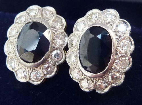 fig 2. Beautiful art deco 18ct 18k white gold sapphire and diamond stud cluster vintage antique earrings