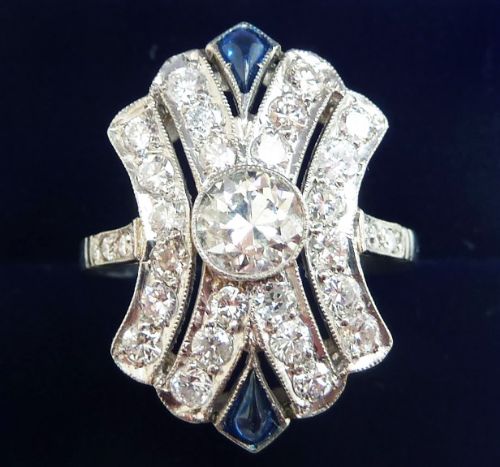 fig 1. Gorgeous art deco 1.65ct Diamond and Sapphire platinum vintage antique cluster ring