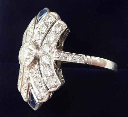 fig 2. Gorgeous art deco 1.65ct Diamond and Sapphire platinum vintage antique cluster ring