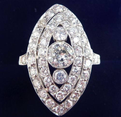 Stunning Art Deco Platinum 2.21ct Diamond Marquise Vintage Antique Cluster Ring