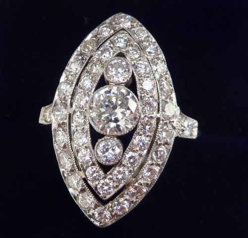 fig 1. Stunning art deco platinum 2.21ct diamond marquise vintage antique cluster ring