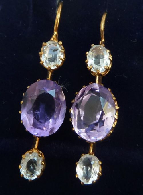 fig 1. Beautiful victorian 18ct 18k gold 3.80ct amethyst and 1ct aquamarine vintage antique dangle earrings