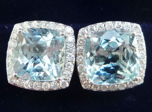 Stunning Art Deco 18ct 18k White Gold Aquamarine and Diamond Stud Cluster Vintage Antique Earrings