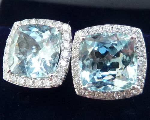 fig 1. Stunning art deco 18ct 18k white gold aquamarine and diamond stud cluster vintage antique earrings